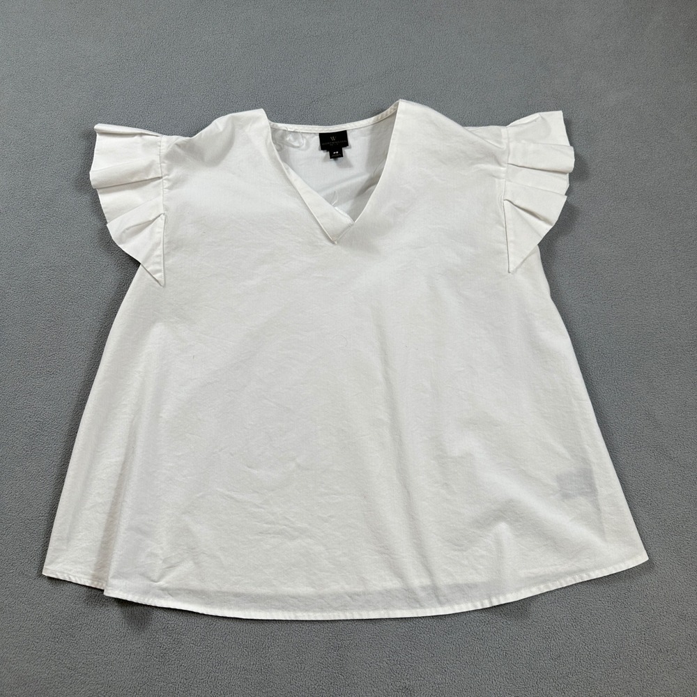 Worthington Petite Top Blouse P Small  Womens White V Neck Flutter Sleeve Ruffle
